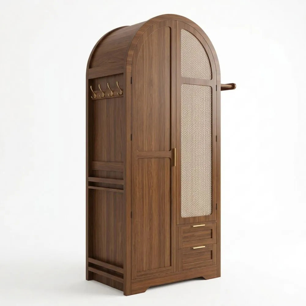 Kleiderschrank mit Flechttüren und Schubladen, 80x50x179 cm, im Vintage-Stil für Schlafzimmer