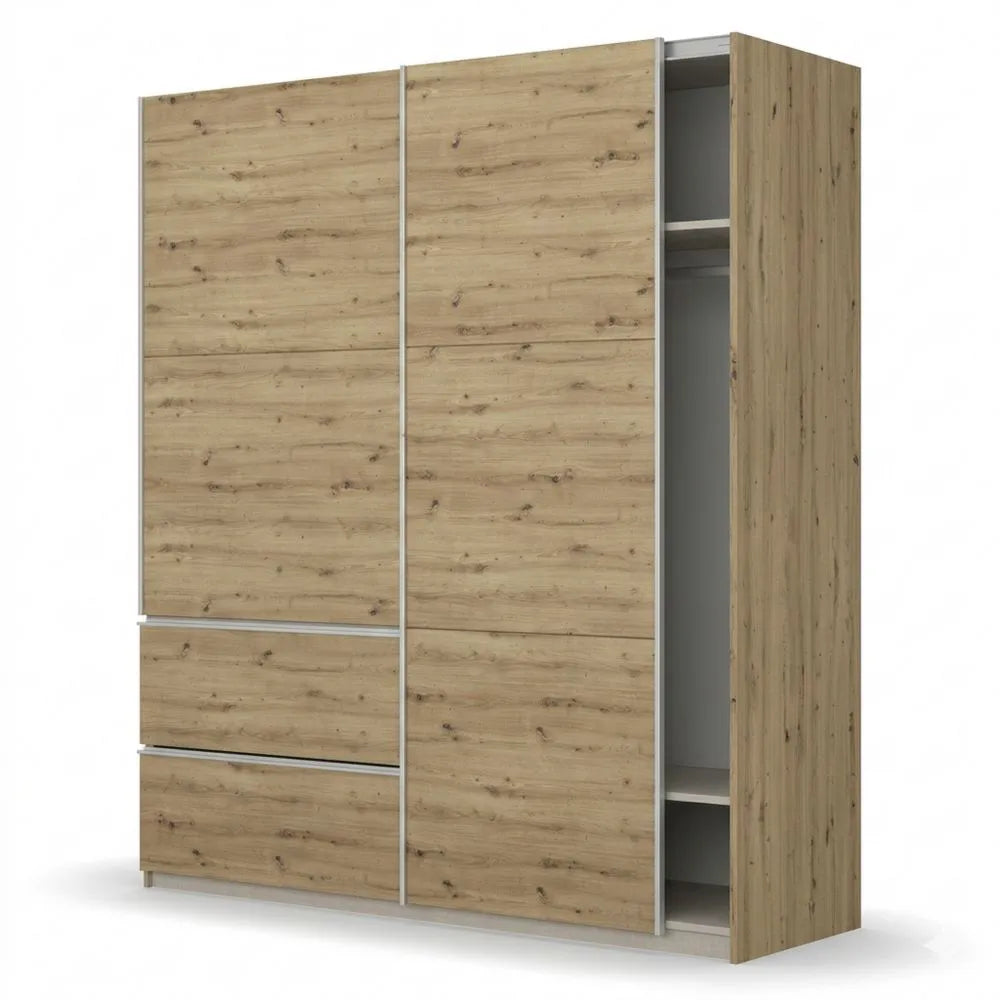 Moderner Schwebetürenschrank mit Eiche-Dekor, 2-türig, inklusive Kleiderstangen und Einlegeböden
