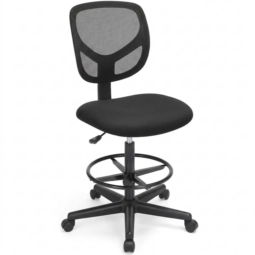 Ergonomischer Drehhocker mit runder Fußstütze, höhenverstellbar, ohne Armlehnen, Stoffbezug, Belastung bis 120 kg, Schwarz