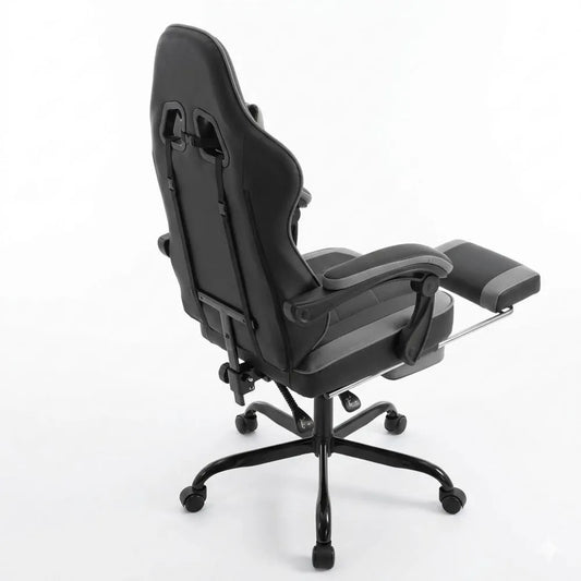 Ergonomischer Bürodrehstuhl mit verstellbarer Rückenlehne und Fußstütze, inklusive Lenden- und Kopfstütze, grau